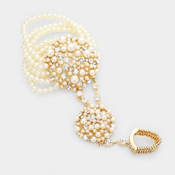Cream Pearl Crystal Rhinestone Stretch Gold Hand Chain Bracelet - Picture 6 of 8